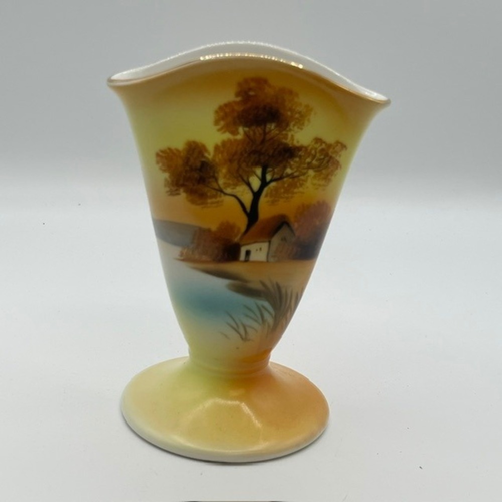 Vintage Noritake Hand Painted Landscape Bud Vase Morimura M Wreath Japan Gold